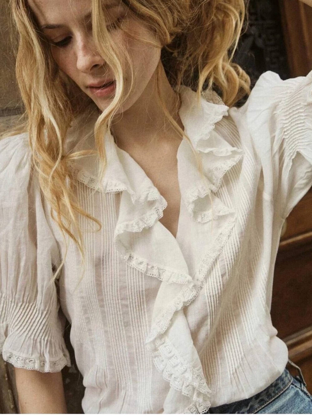 Dôen Henri Top Salt White Cotton Ruffle Button Blouse